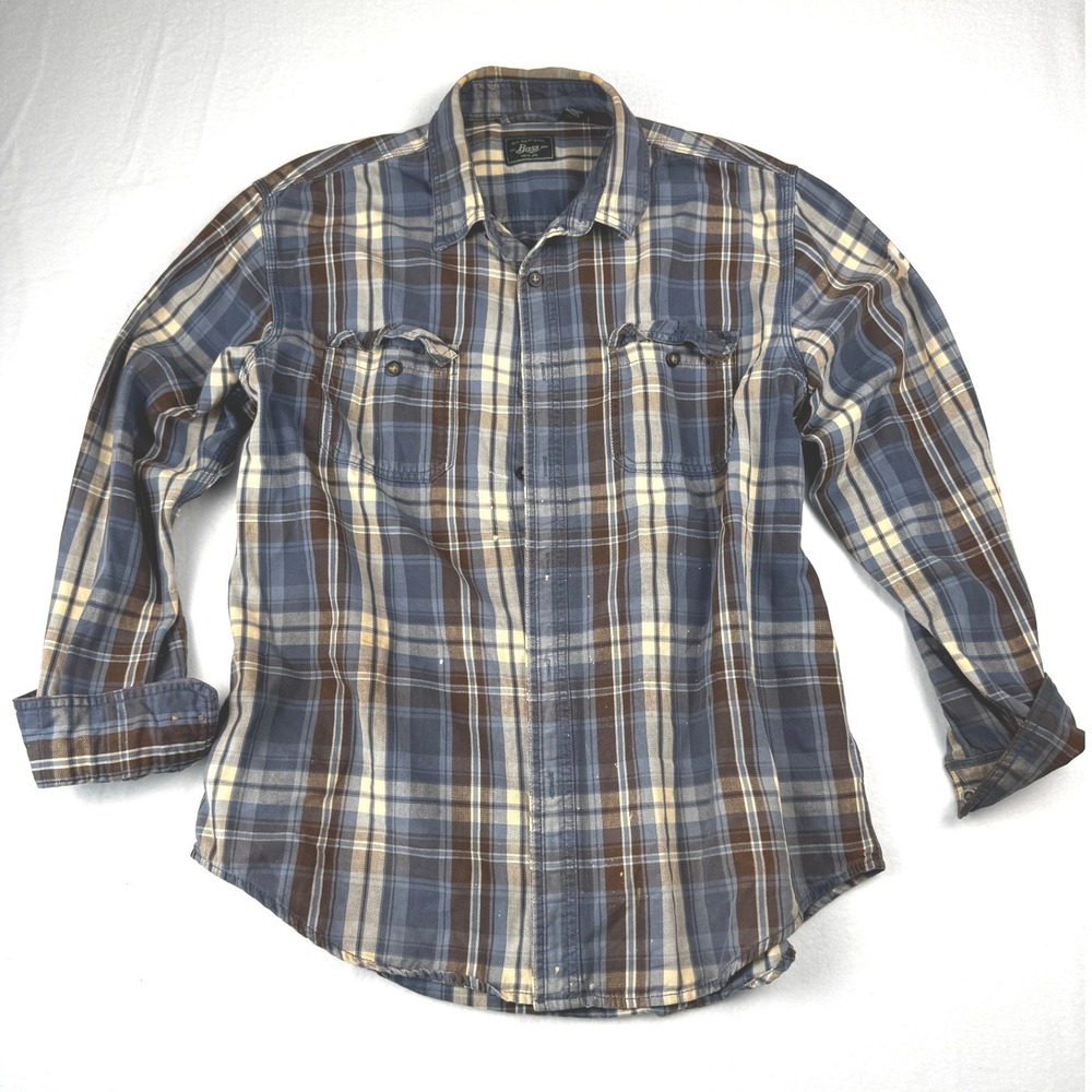 GH Bass & Co Mens Large Blue Brown Plaid Flannel Button Down Shirt Cotton L/G